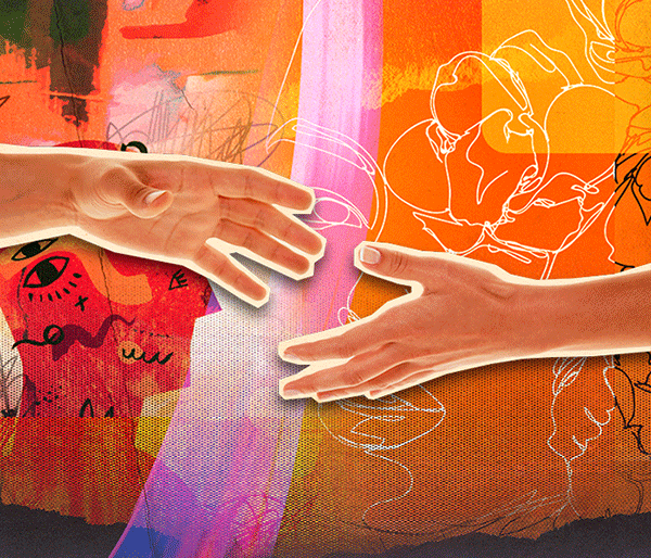 Two hands reaching out to one another for support; mixed media.